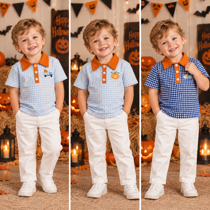 Sibling Baby Boys Kids Embroidery Pumpkins Buttons Plaid Shirts Kids Thanksgiving Clothes