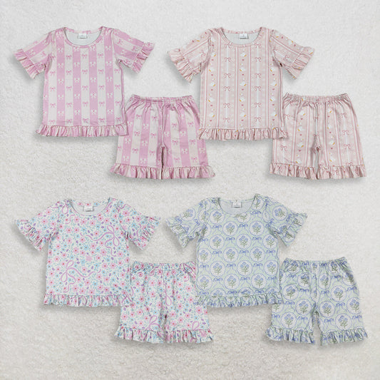 Sibling Baby Girls Kids Short Sleeves Shirts Shorts Sets Flower Bows Goose Pajamas Clothes