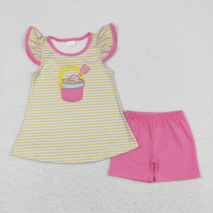 RTS Sibling Baby Girls Kids Short Sleeves Embroidery Beach Shirts Ruffle Shorts Summer Sets