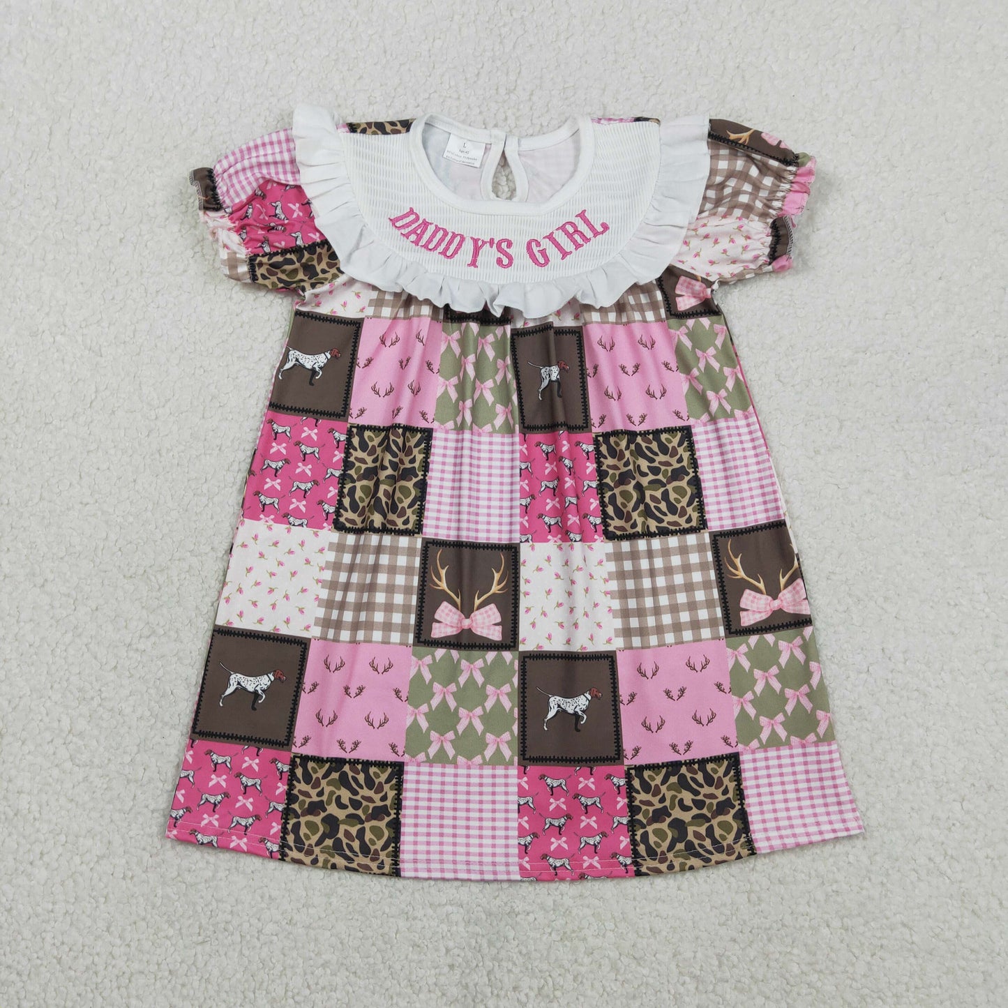 RTS Baby Girls Short Sleeves Embroidery Smocked Daddy's Girl Bows Dogs Deer Camo Print Dress