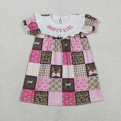 RTS Baby Girls Short Sleeves Embroidery Smocked Daddy's Girl Bows Dogs Deer Camo Print Dress