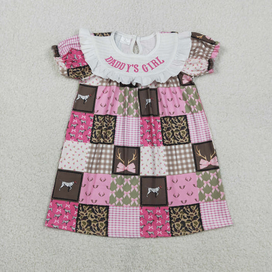 RTS Baby Girls Short Sleeves Embroidery Smocked Daddy's Girl Bows Dogs Deer Camo Print Dress