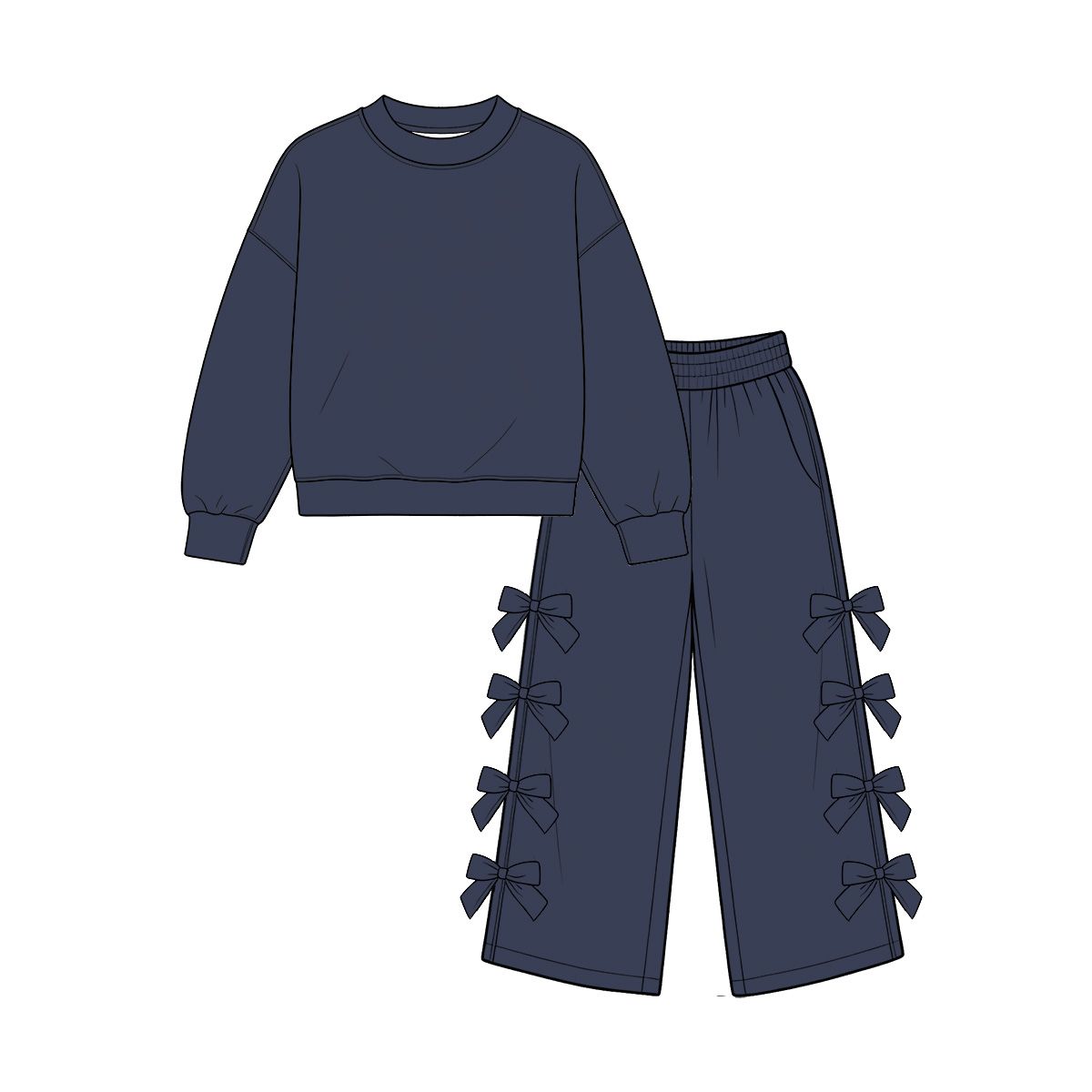 Moq 5 Preorder Baby Girls Kids Long Sleeves Navy Shirt Bows Pants Set Cotton Clothes