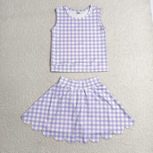 Baby Girls Kids Purple Plaid Shirt Scallop Skirt Shorts Yoga Active Set Clothes