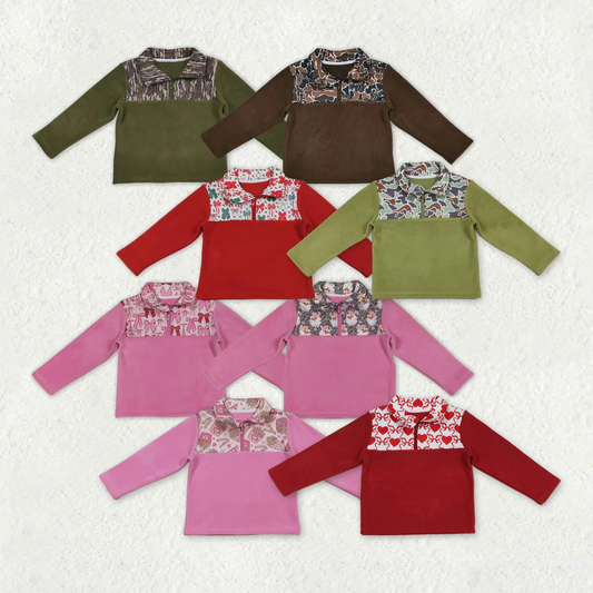 RTS Sibling Baby Boys Girls Long Sleeves Camo Hearts Bows Santa Print Zipper Fleece Pullovers Shirts Tops