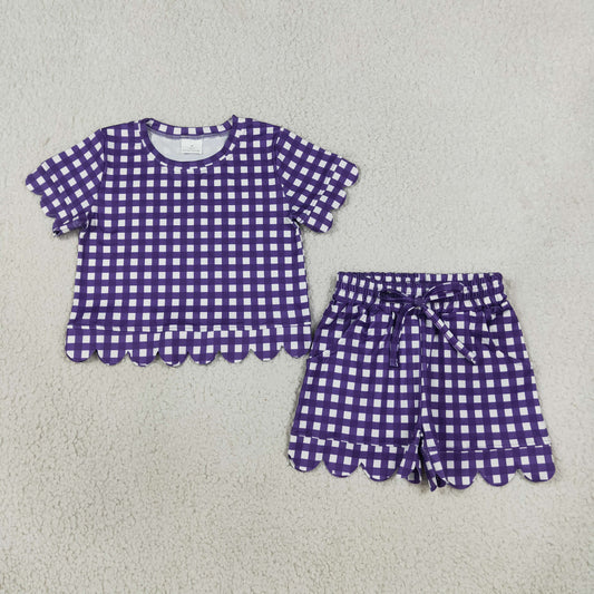 Baby Girls Kids Short Sleeves Purple Plaid Shirt Scallop Shorts Set Clothes
