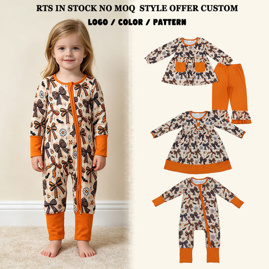 Sibling Girls Kids Long Sleeves Halloween Bows Flower Romper Dress Set Fall Clothes