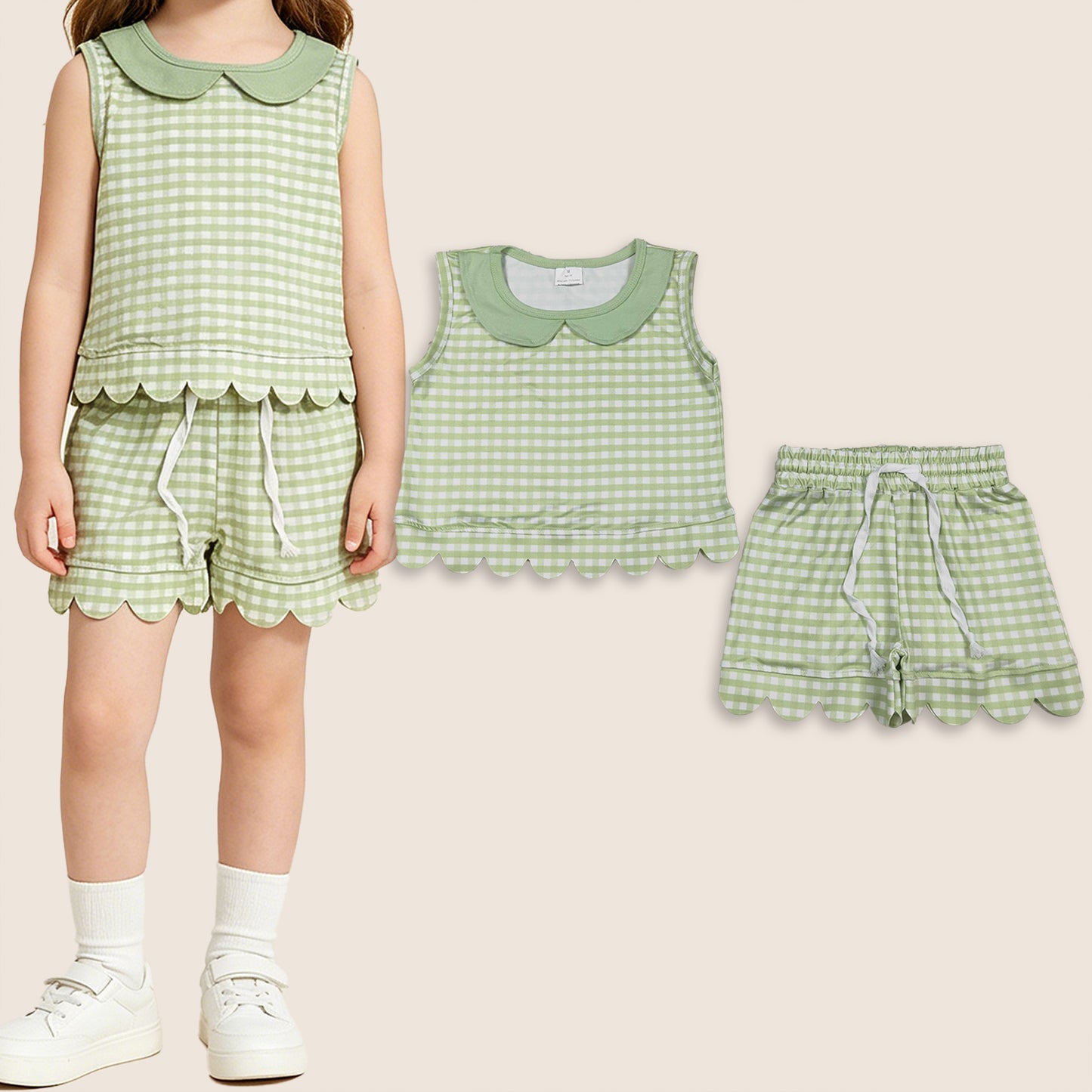 Baby Girls Kids Short Sleeves Green Plaid Shirt Scallop Shorts Summer Set Clothes