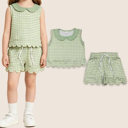 Baby Girls Kids Short Sleeves Green Plaid Shirt Scallop Shorts Summer Set Clothes