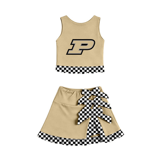Moq 5 Baby Girls Kids Sleeveless Vest Bows Skirt Shorts Team Set Cheer Clothes