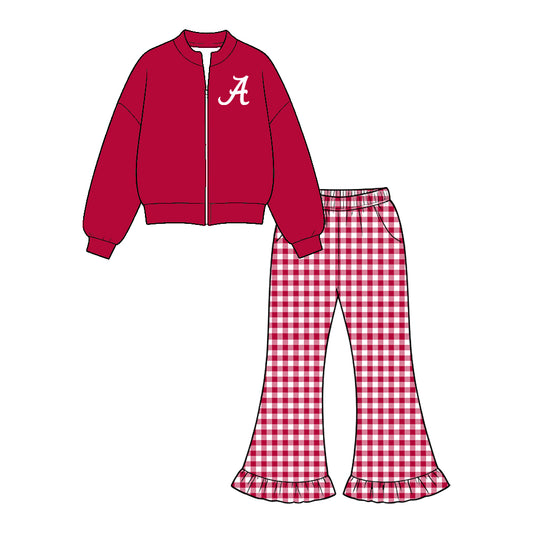 Moq 5 Custom Baby Girls Kids Long Sleeves Zipper Tops Plaid Pockets Pants Team Set Clothes