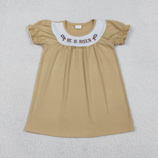 Baby Girls Short Sleeves Embroidery He is Risen Cross Easter Knee Length Dress
