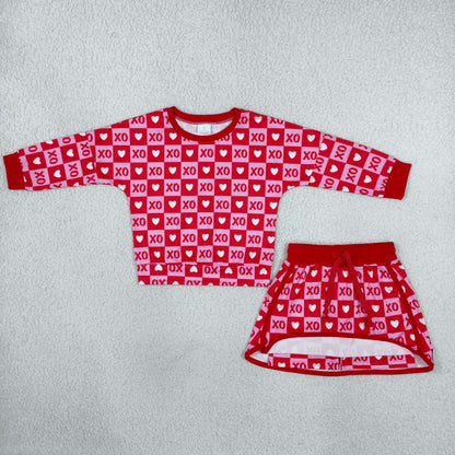 Baby Girls Kids Long Sleeves Hearts Checked Shirt Skirt Shorts Valentine Set