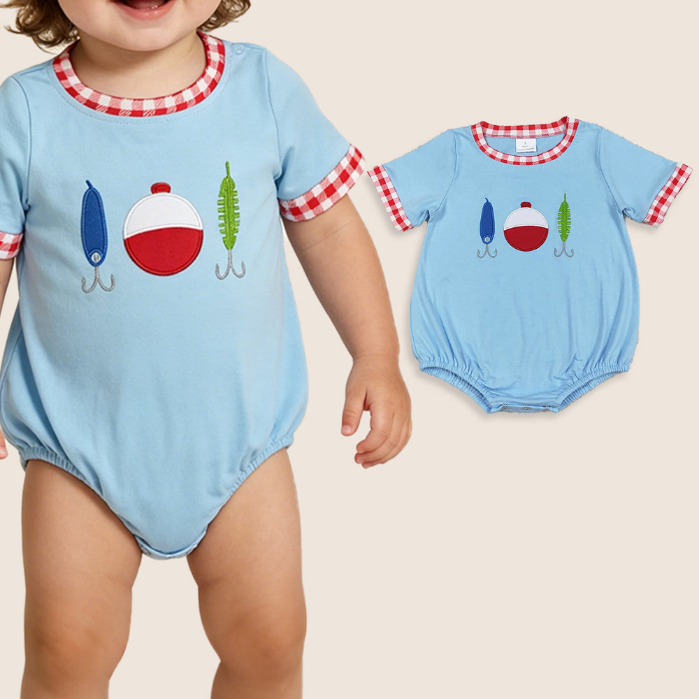 Baby Boys Short Sleeves Embroidery Fishing Blue Bubble Summer Romper