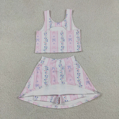 Baby Girl Sleeveless Bows Floral Tops Shorts Skort Yoga Active Wear Set