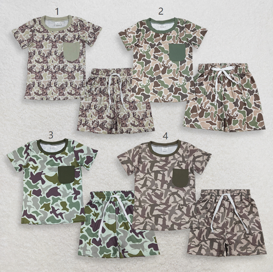 Sibling Baby Boys Kids Short Sleeves Deer Ducks Deer Shirts Camo Pockets Shorts Sets Hunting Clothes