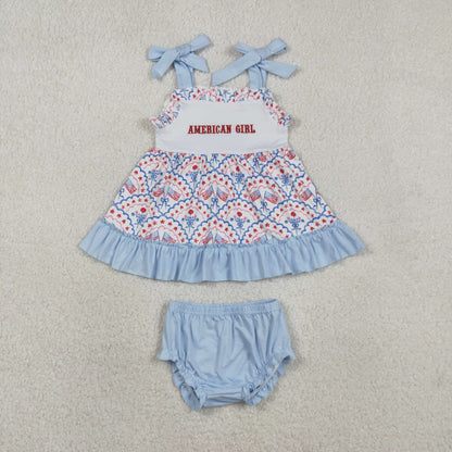 RTS Baby Kids Straps Embroidery American Girl Flags Bows 4th of July Blue Ruffle Dress