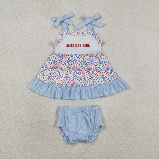 RTS Baby Kids Straps Embroidery American Girl Flags Bows 4th of July Blue Ruffle Dress