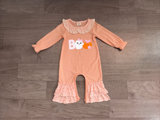 No moq Preorder Baby Girls Infant Embroidery Ghost Pumpkin Bows Thanksgiving Romper Clothes
