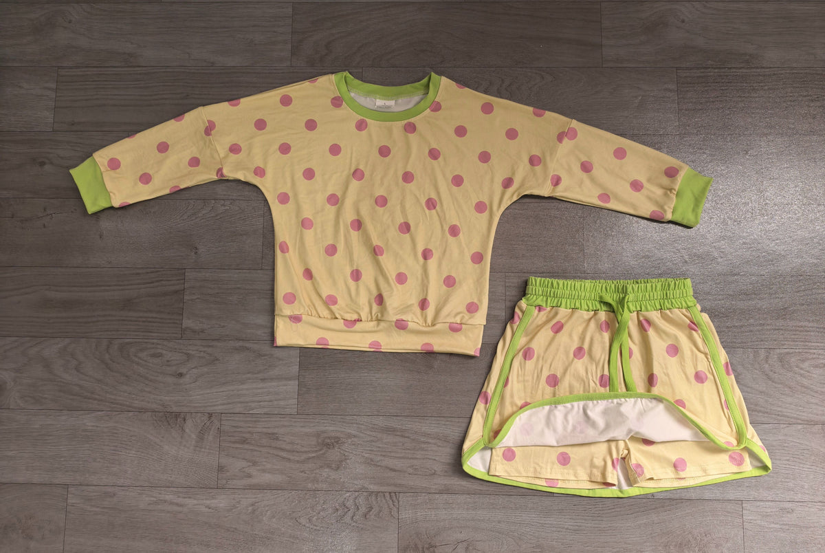 No moq Preorder Baby Girls Kids Long Sleeves Dots Shirt Skirt Shorts Yellow Set Clothes