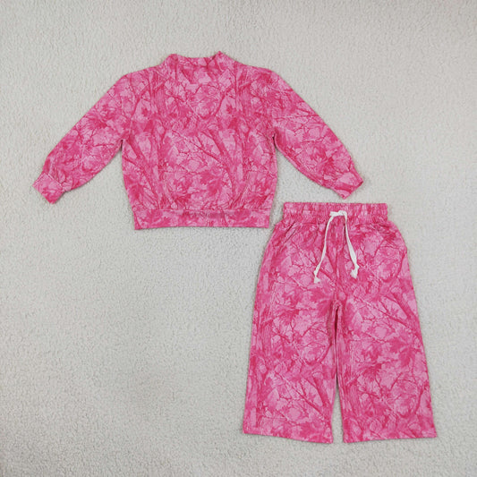Baby Girls Kids Pink Long Sleeves Leaves Shirt Pants Camo Set Mock Neck Clothes RTS