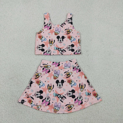 RTS Baby Girls Kids Sleeveless Cartoon Tops Shorts Skirt Yoga Active Pink Set