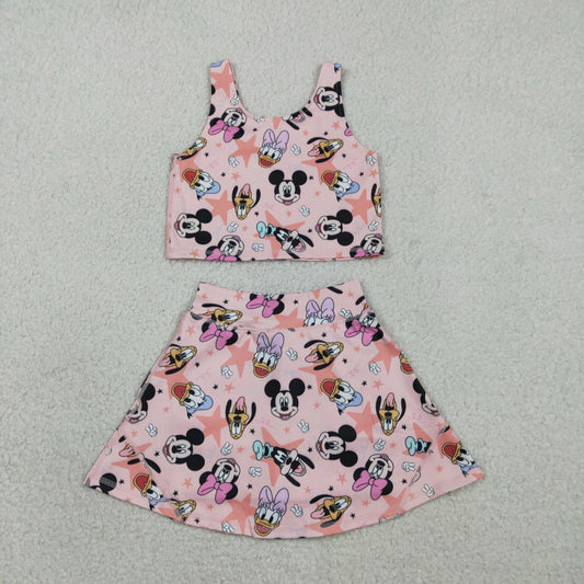 RTS Baby Girls Kids Sleeveless Cartoon Tops Shorts Skirt Yoga Active Pink Set