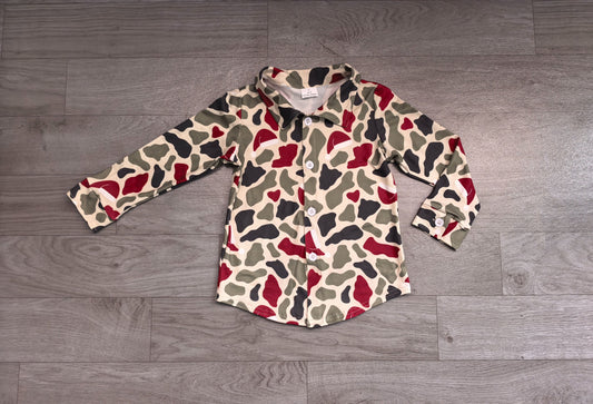 No moq Preorder Baby Boys Kids Long Sleeves Green Red Camo Buttons Shirt Tops