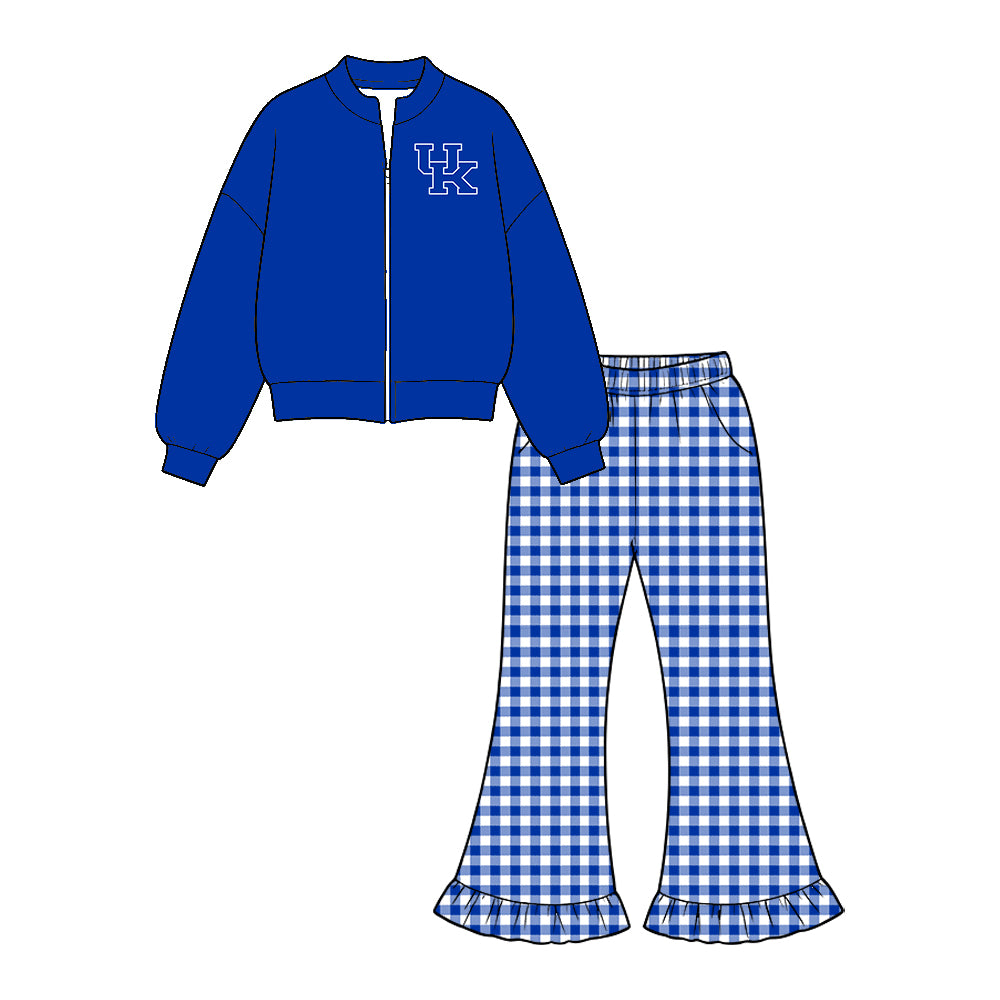 Moq 5 Custom Baby Girls Kids Long Sleeves Zipper Tops Blue Plaid Pockets Pants Team Set Clothes