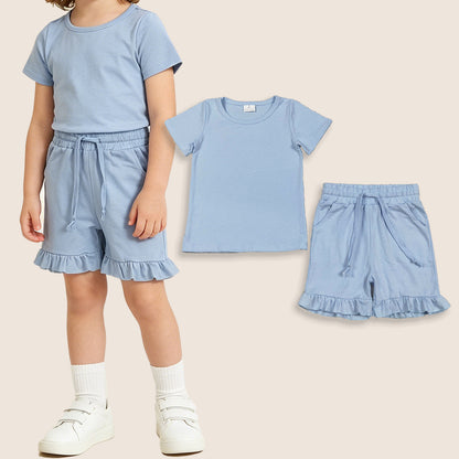 Baby Girls Short Sleeves Blue Tops Ruffle Shorts Summer Clothes Set