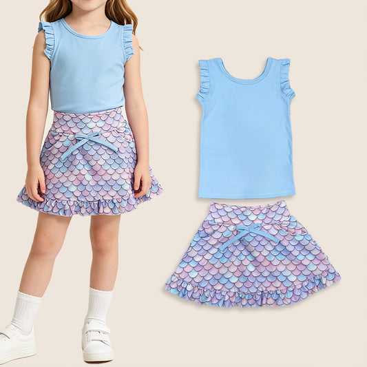 Baby Girls Kids Blue Tops Pockets Scallop Skirt Shorts Yoga Clothes Summer Set