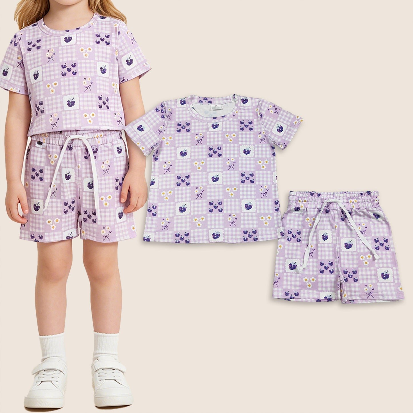 Baby Girl Kids Short Sleeves Flower Purple Plaid Shirt Shorts Set Summer Clothes