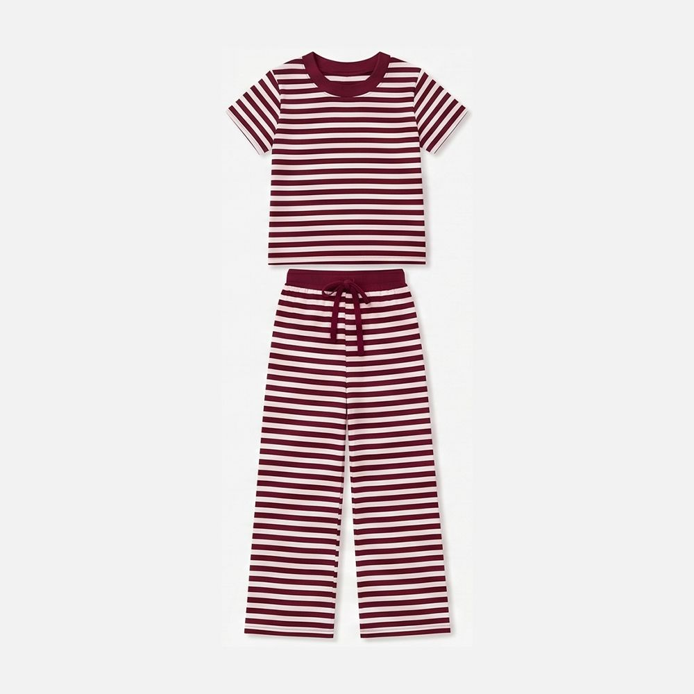 Moq 5 Preorder Baby Girls Kids Dark Red Stripes Shirt Pants Pajamas Set Clothes