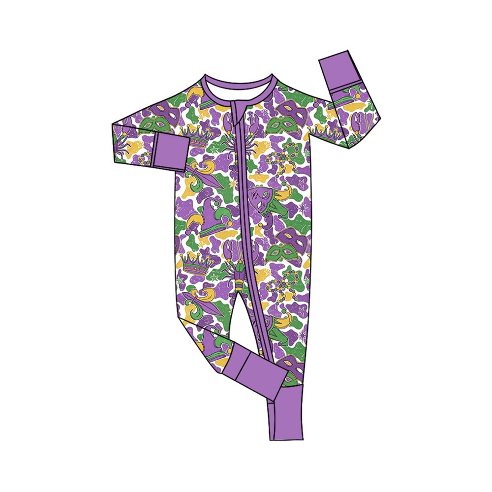 Moq 5 Preorder Baby Toddler Kids Crawfish Masks Camo Print Mardi Gras Zipper Footie Sleeper Romper Clothes