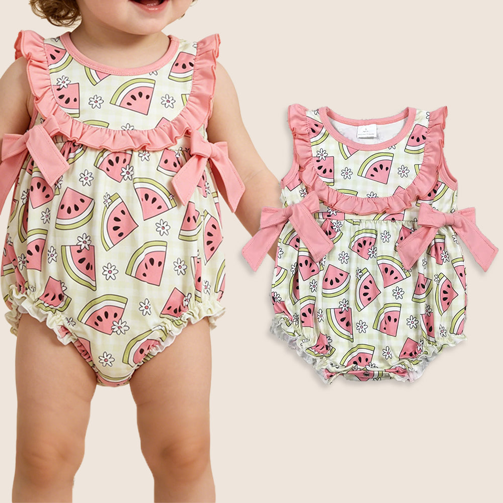RTS Baby Girls Sleeveless Watermelon Flower Bows Bubble Romper