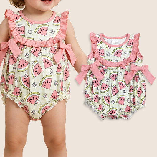 RTS Baby Girls Sleeveless Watermelon Flower Bows Bubble Romper