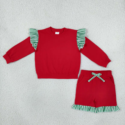 Sibling Baby Girls Kids Long Sleeves Shirts Pockets Shorts Pants Cotton Red Sets Christmas Clothes
