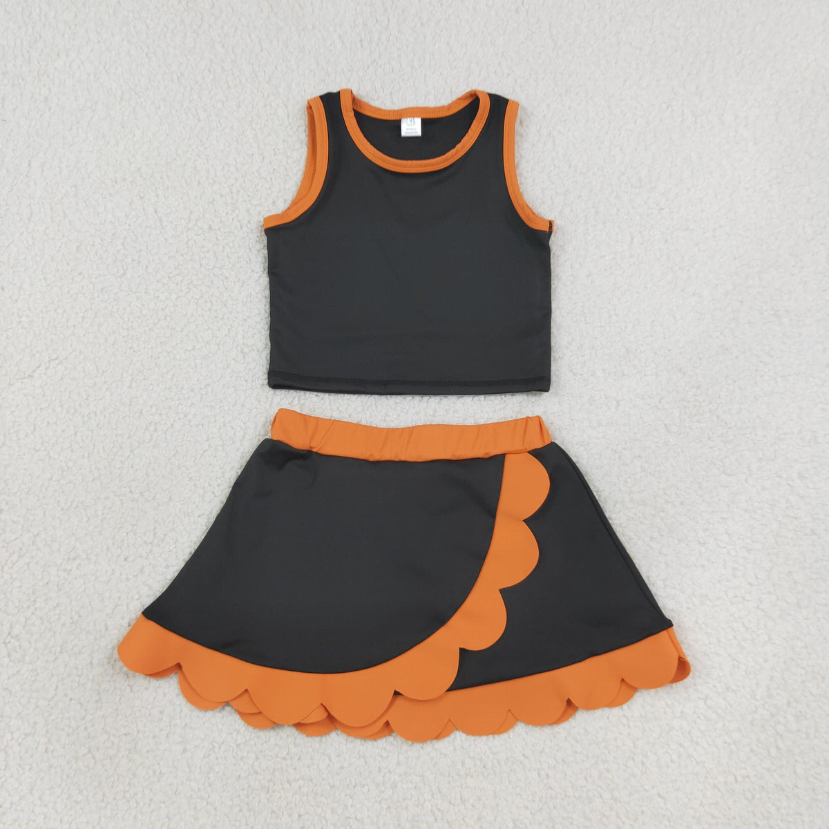 Baby Girls Kids Black Shirt Orange Scallop Skirt Shorts Yoga Active Set Clothes