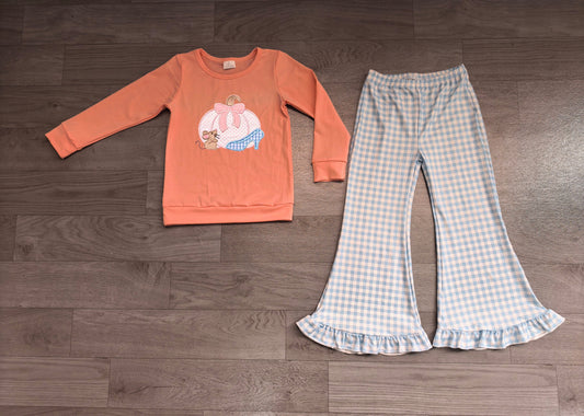 No moq Preorder Baby Girls Kids Embroidery Pumpkin Bows Tops Blue Plaid Pants Set Fall Clothes