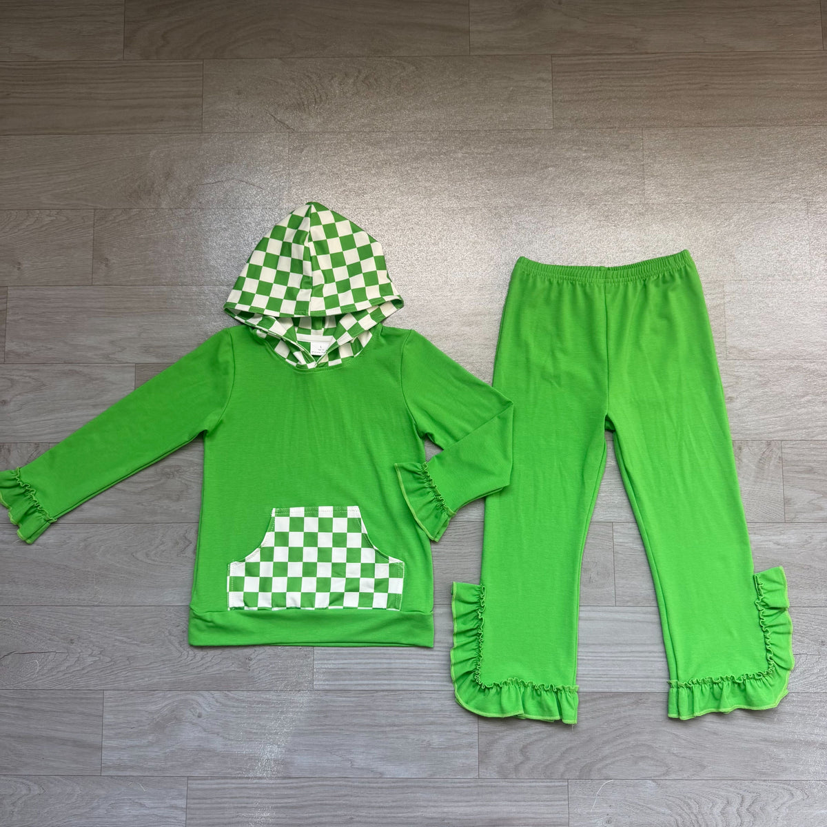 No moq Preorder Baby Girls Kids Checked Pocket Hoodie Shirt Pants Green Set Cotton Clothes