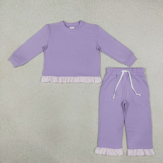 Baby Girls Kids Long Sleeves Ruffle Shirt Pants Lavender Set Cotton Clothes