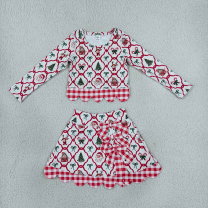 Baby Girls Kids Christmas Santa Shirt Bows Scallop Skirt Shorts Yoga Active Set Clothes