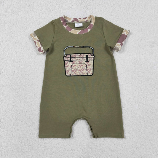 RTS Baby Boys Green Short Sleeves Embroidery Box Camo Print Hunting Romper
