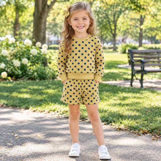 Baby Girls Kids Long Sleeves Navy Dots Shirt Pockets Shorts Set Clothes