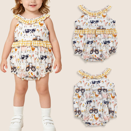 Baby Girls Infant Farm Animals Tractors Flower Summer Ruffle Romper