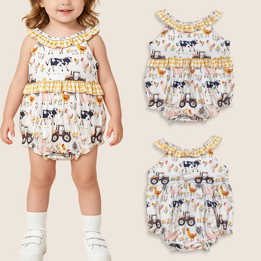 Baby Girls Infant Farm Animals Tractors Flower Summer Ruffle Romper