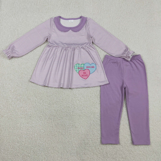 RTS Baby Girls Embroidery Hearts Stripes Tunic Purple Leggings Valentines Clothes Set