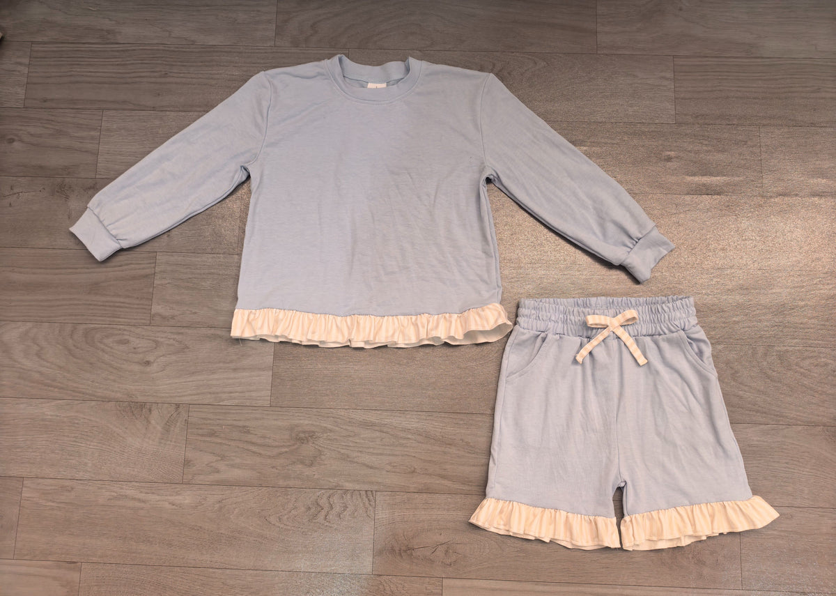 No moq Preorder Baby Girls Kids Long Sleeves Blue Shirt Stripes Shorts Set Cotton Clothes