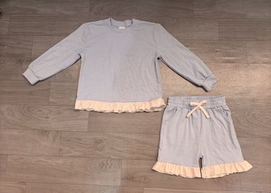 No moq Preorder Baby Girls Kids Long Sleeves Blue Shirt Stripes Shorts Set Cotton Clothes