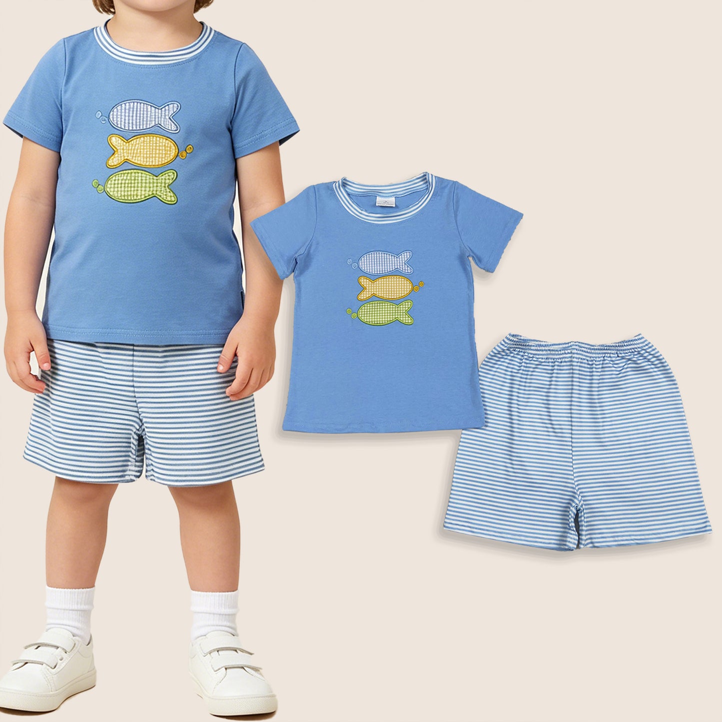 Baby Boy Kids Short Sleeves Embroidery Fish Blue Shirt Strips Shorts Summer Set